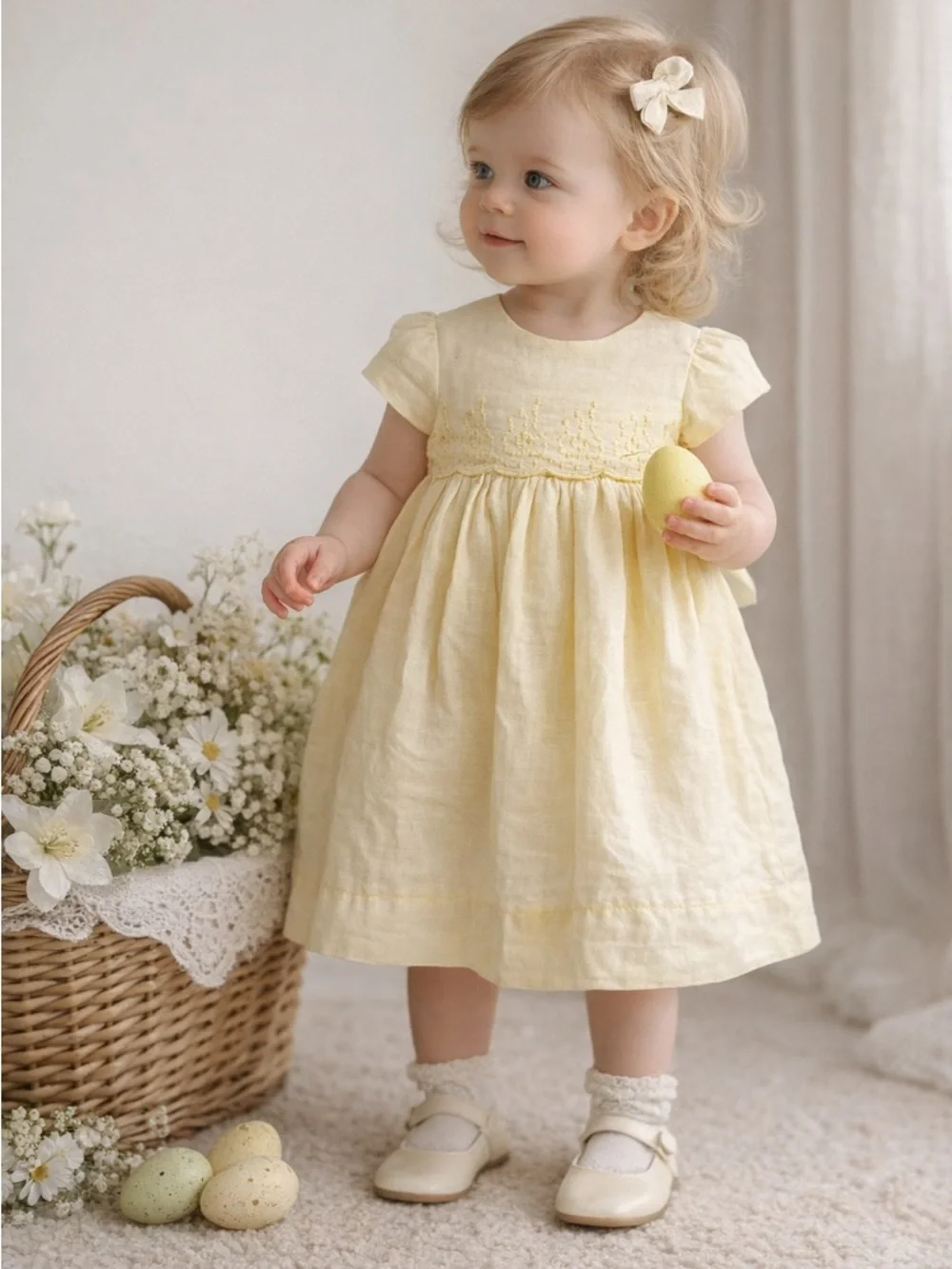 Luli & Me Baby Girl Yellow Linen Cotton Dress Easter Flower Girl Heirloom 12-18M